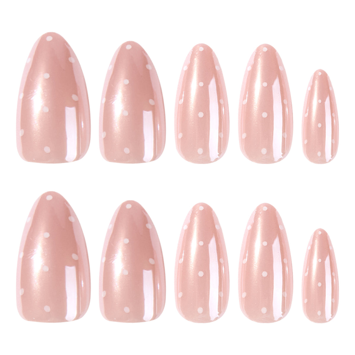Pearl Glazed Almond Press-On Nails – full set of 10 nails: pearly glazed pink with tiny white dots