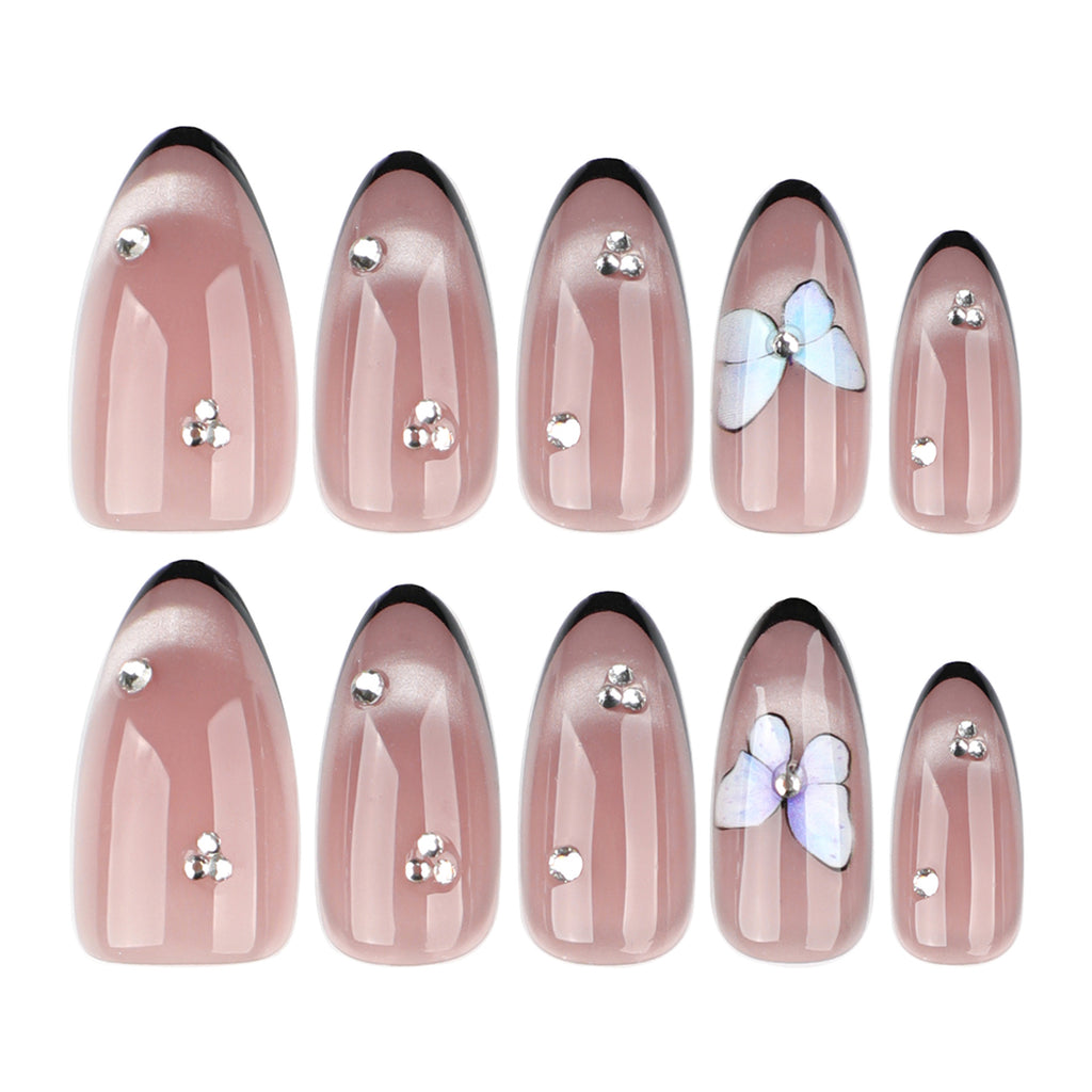 Mocha Butterfly Almond Press-On Nails – full set of 10 nails: mocha with black french tips, crystals and a 3d butterfly