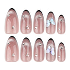 Mocha Butterfly Almond Press-On Nails – full set of 10 nails: mocha with black french tips, crystals and a 3d butterfly