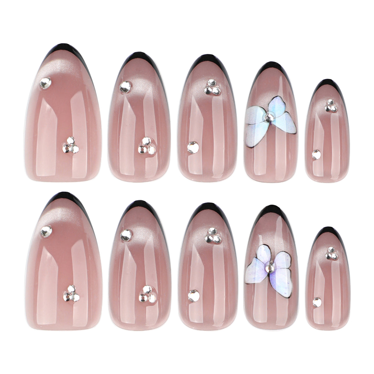 Mocha Butterfly Almond Press-On Nails – full set of 10 nails: mocha with black french tips, crystals and a 3d butterfly