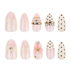 Polka Dot Bow & Blossom Almond Press-On Nails – full set of 10 nails: polka dots, lace-look pink, gold bands, 3d blossom