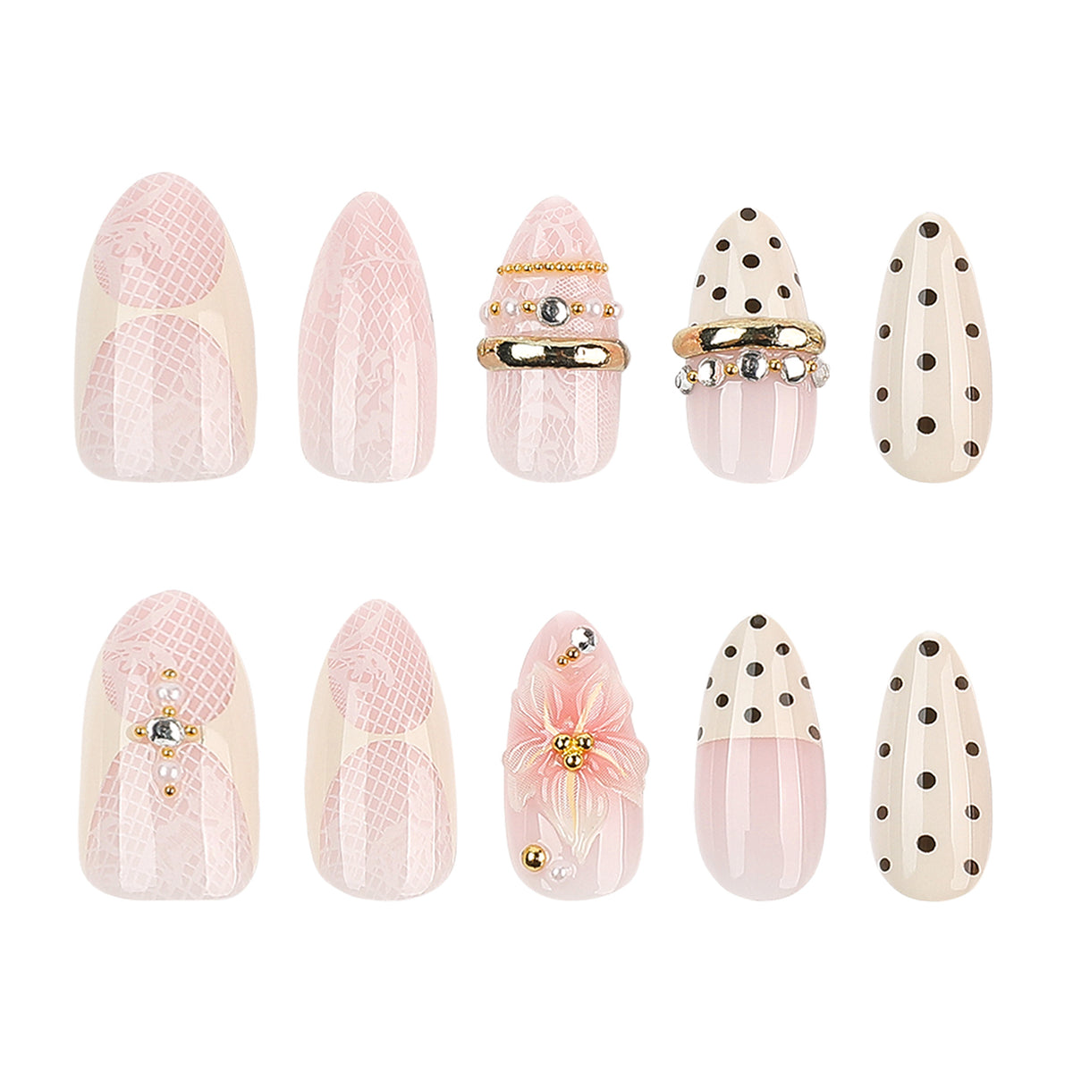 Polka Dot Bow & Blossom Almond Press-On Nails – full set of 10 nails: polka dots, lace-look pink, gold bands, 3d blossom