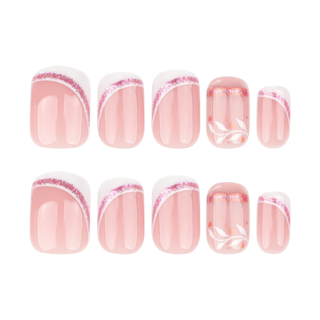 White Swirl French Short Square Press-On Nails – full set of 10 nails: curved white french tips edged in pink glitter