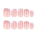 White Swirl French Short Square Press-On Nails – full set of 10 nails: curved white french tips edged in pink glitter