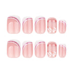 White Swirl French Short Square Press-On Nails – full set of 10 nails: curved white french tips edged in pink glitter