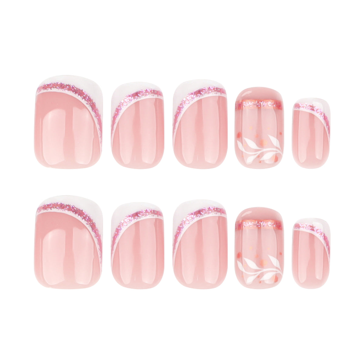 White Swirl French Short Square Press-On Nails – full set of 10 nails: curved white french tips edged in pink glitter