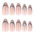 Black Dot French Almond Press-On Nails – full set of 10 nails: nude with black polka-dot french tips and tiny bows