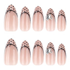 Black Dot French Almond Press-On Nails – full set of 10 nails: nude with black polka-dot french tips and tiny bows