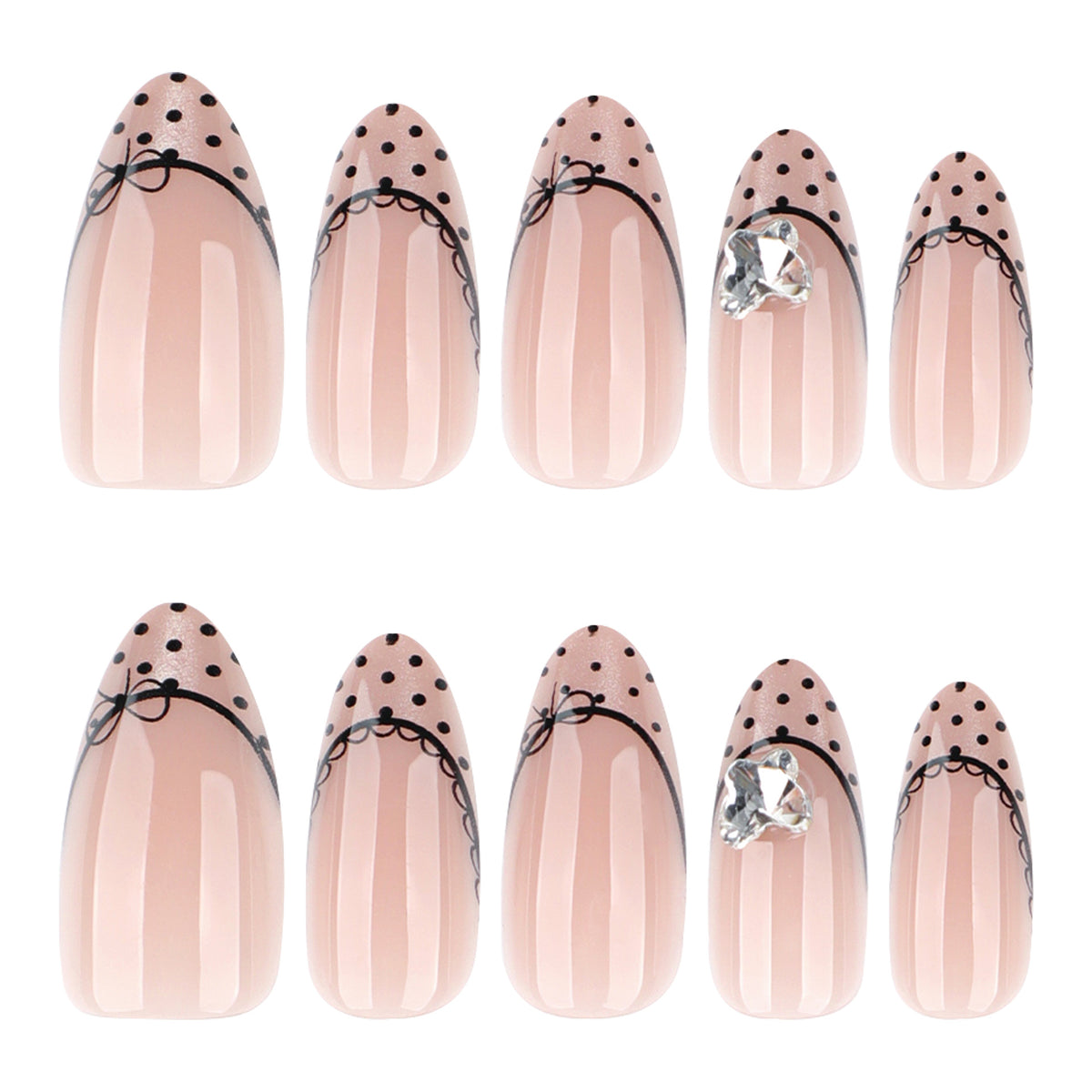 Black Dot French Almond Press-On Nails – full set of 10 nails: nude with black polka-dot french tips and tiny bows