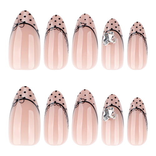 Black Dot French Almond Press-On Nails – full set of 10 nails: nude with black polka-dot french tips and tiny bows