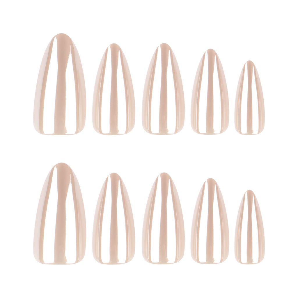 Champagne Pearl Chrome Almond Press-On Nails – full set of 10 nails: champagne nude with a pearly chrome glaze