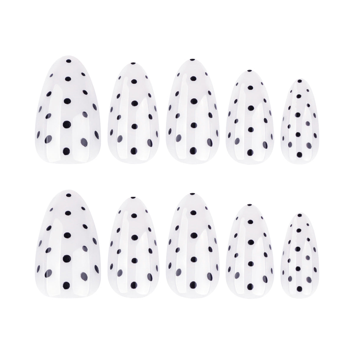 Black Polka Dot Almond Press-On Nails – full set of 10 nails: milky white with tiny black polka dots