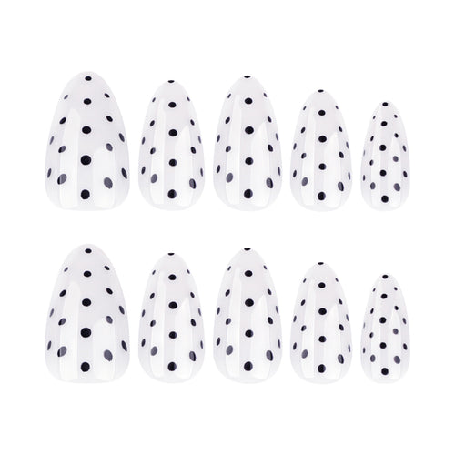 Black Polka Dot Almond Press-On Nails – full set of 10 nails: milky white with tiny black polka dots