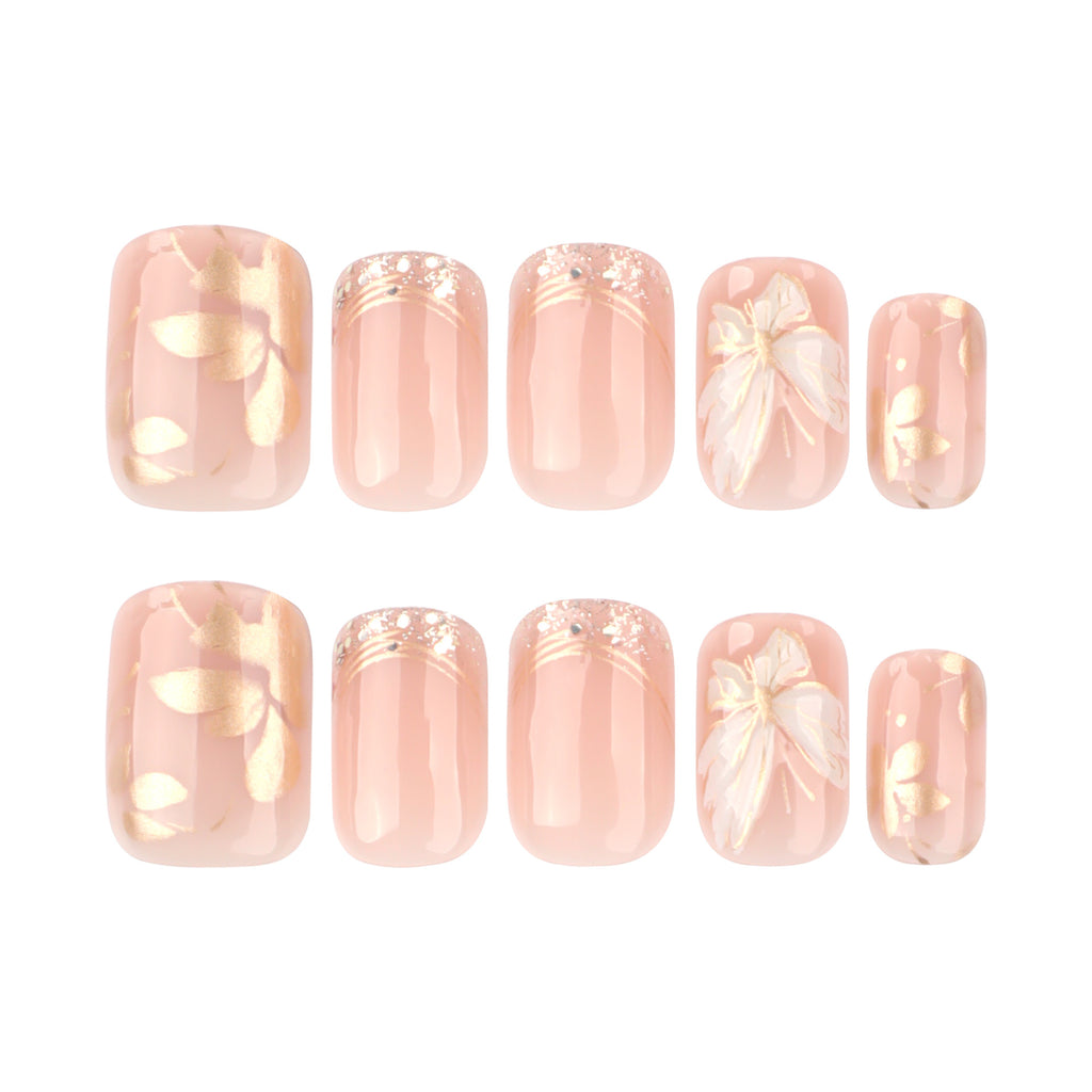 Golden Blossom Short Square Press-On Nails – full set of 10 nails: peachy nude with gold-foil petals and glitter tips