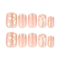 Golden Blossom Short Square Press-On Nails – full set of 10 nails: peachy nude with gold-foil petals and glitter tips