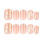 Golden Blossom Short Square Press-On Nails – full set of 10 nails: peachy nude with gold-foil petals and glitter tips
