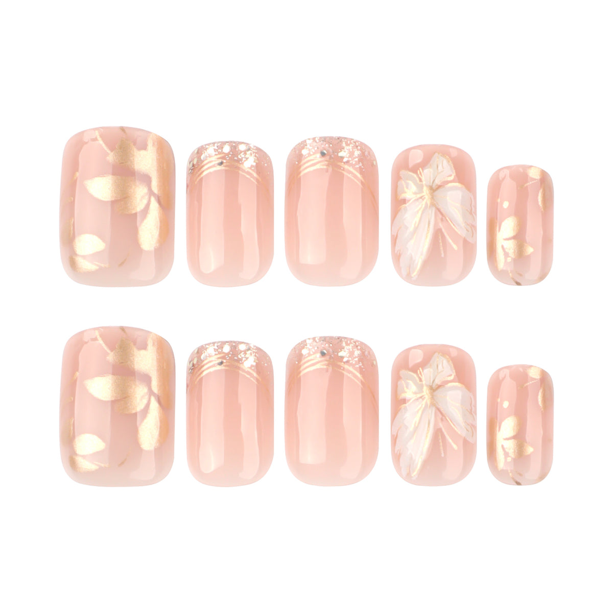 Golden Blossom Short Square Press-On Nails – full set of 10 nails: peachy nude with gold-foil petals and glitter tips