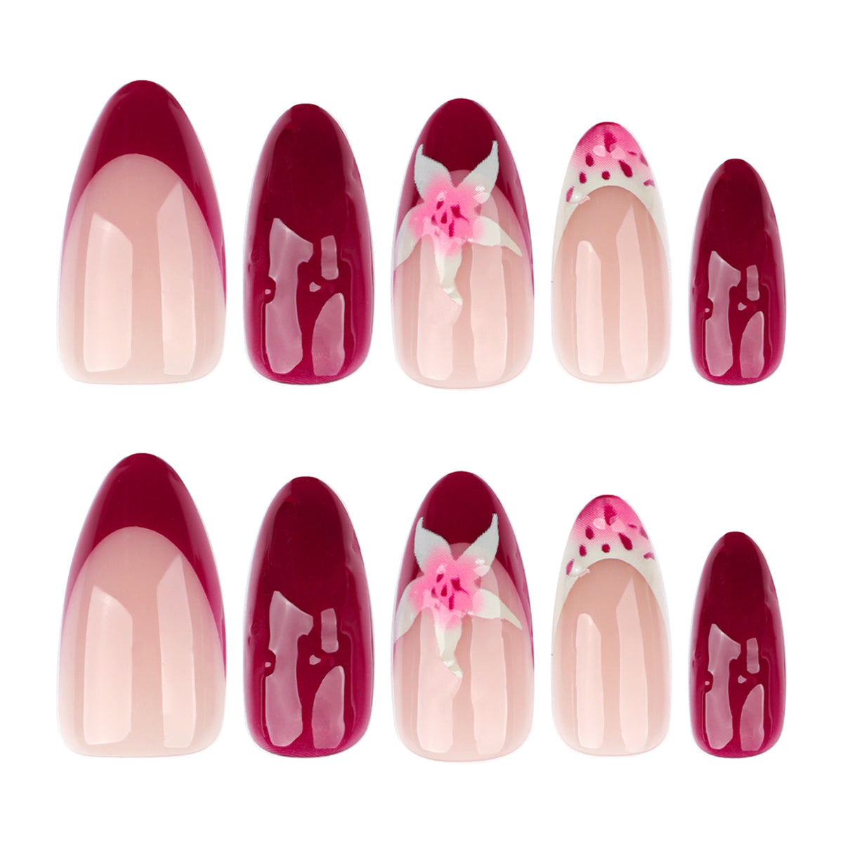 Burgundy Floral French Almond Press-On Nails – full set of 10 nails: burgundy french tips with a 3d pink lily