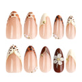 Leopard & Blossom French Almond Press-On Nails – full set of 10 nails: leopard french tips, gold lines, pearls, 3d blossom