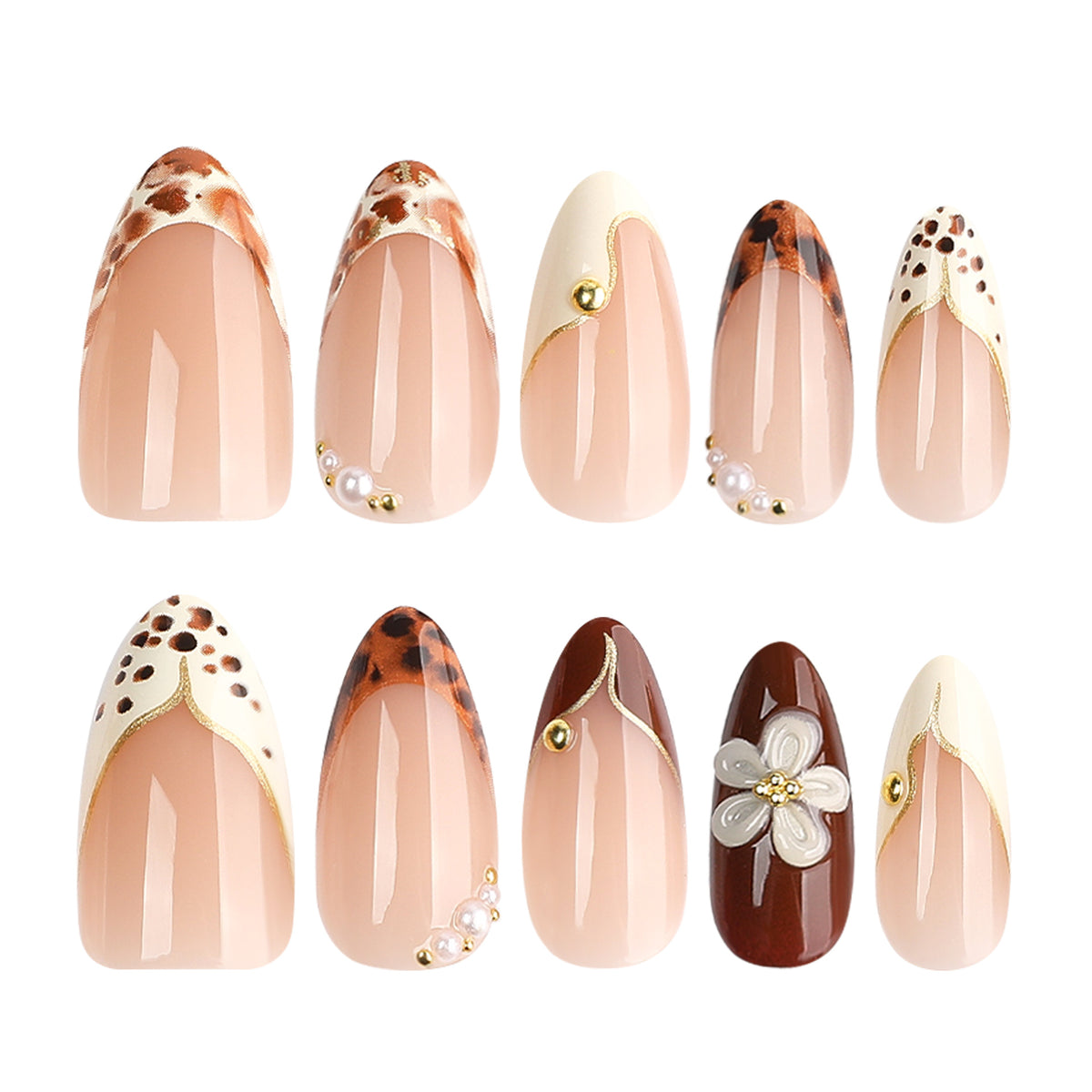 Leopard & Blossom French Almond Press-On Nails – full set of 10 nails: leopard french tips, gold lines, pearls, 3d blossom