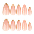 Gold Outline French Almond Press-On Nails – full set of 10 nails: peachy nude with fine gold outline french tips