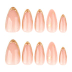 Gold Outline French Almond Press-On Nails – full set of 10 nails: peachy nude with fine gold outline french tips