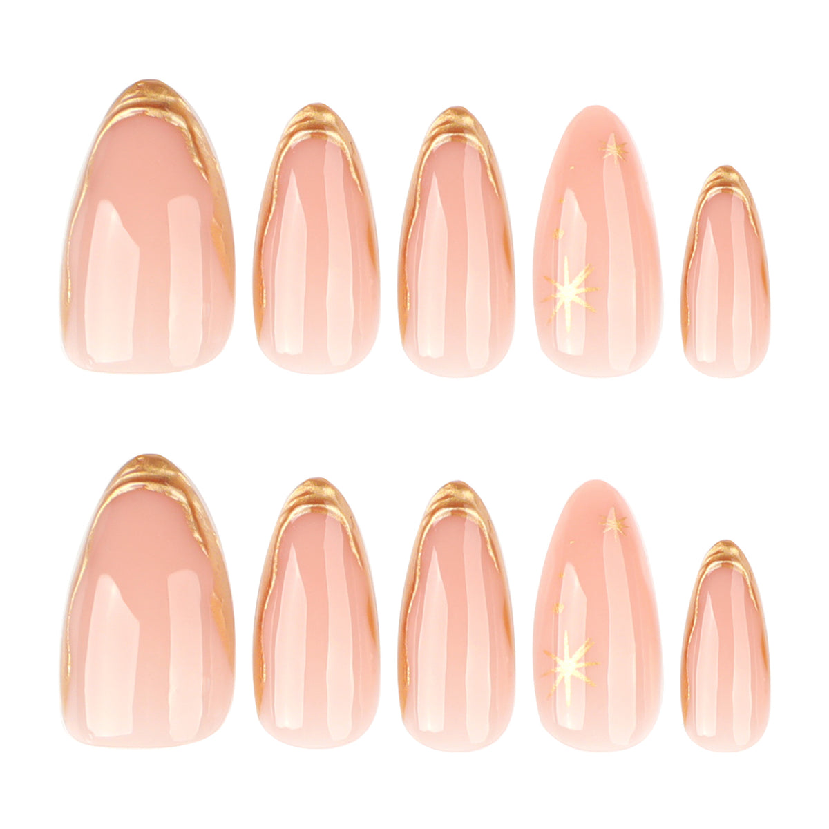 Gold Outline French Almond Press-On Nails – full set of 10 nails: peachy nude with fine gold outline french tips