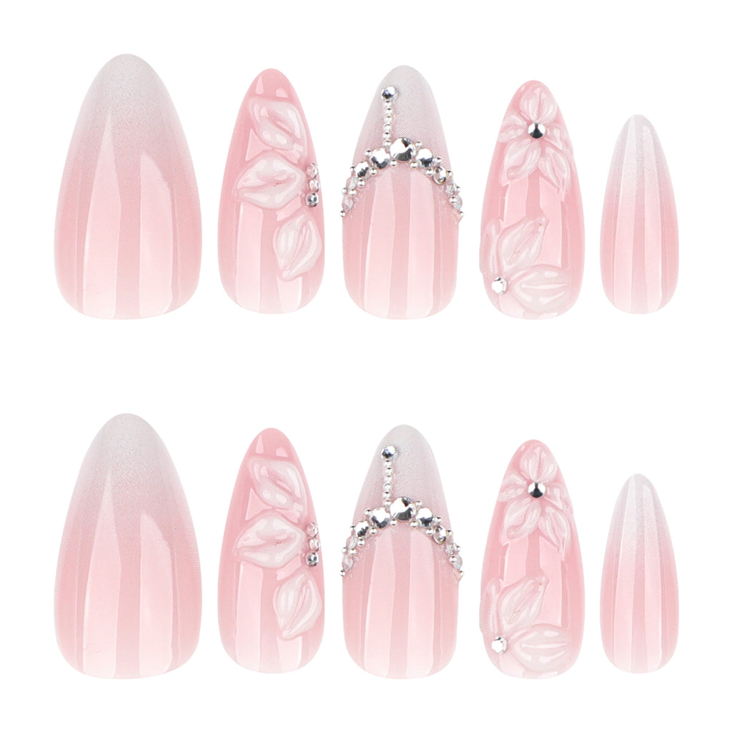 Pink Marble Rhinestone Stiletto Press-On Nails – full set of 10 nails: milky pink ombré with 3d petals and a rhinestone arc