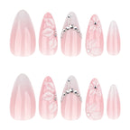 Pink Marble Rhinestone Stiletto Press-On Nails – full set of 10 nails: milky pink ombré with 3d petals and a rhinestone arc