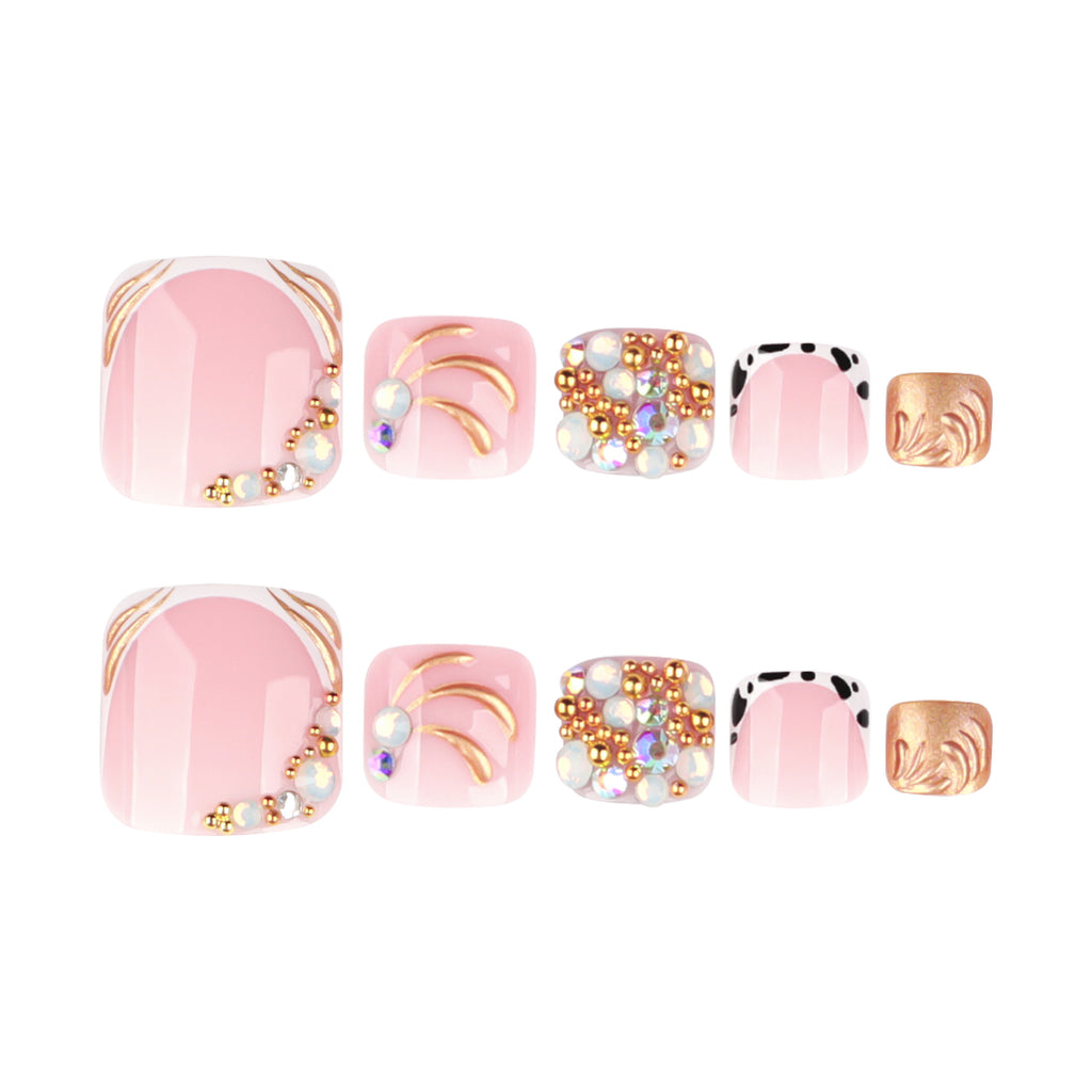 Rhinestone French Press-On Toenails – full set of 10 nails: pink french toenails with gold lines and rhinestones