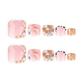 Rhinestone French Press-On Toenails – full set of 10 nails: pink french toenails with gold lines and rhinestones