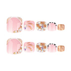 Rhinestone French Press-On Toenails – full set of 10 nails: pink french toenails with gold lines and rhinestones