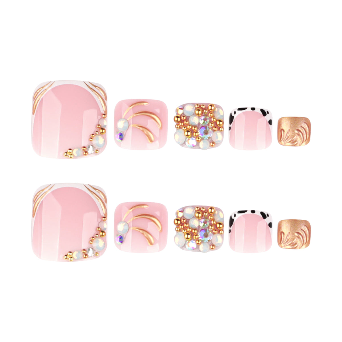 Rhinestone French Press-On Toenails – full set of 10 nails: pink french toenails with gold lines and rhinestones
