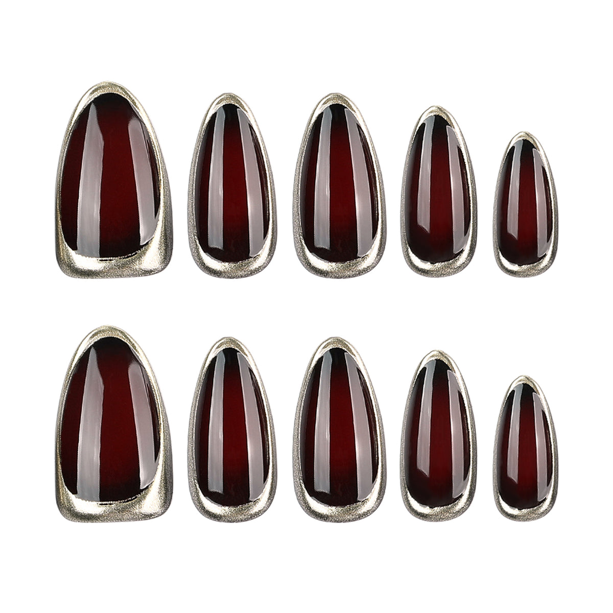 Black Cherry Gold Rim Almond Press-On Nails – full set of 10 nails: black-cherry jelly framed by a metallic chrome rim