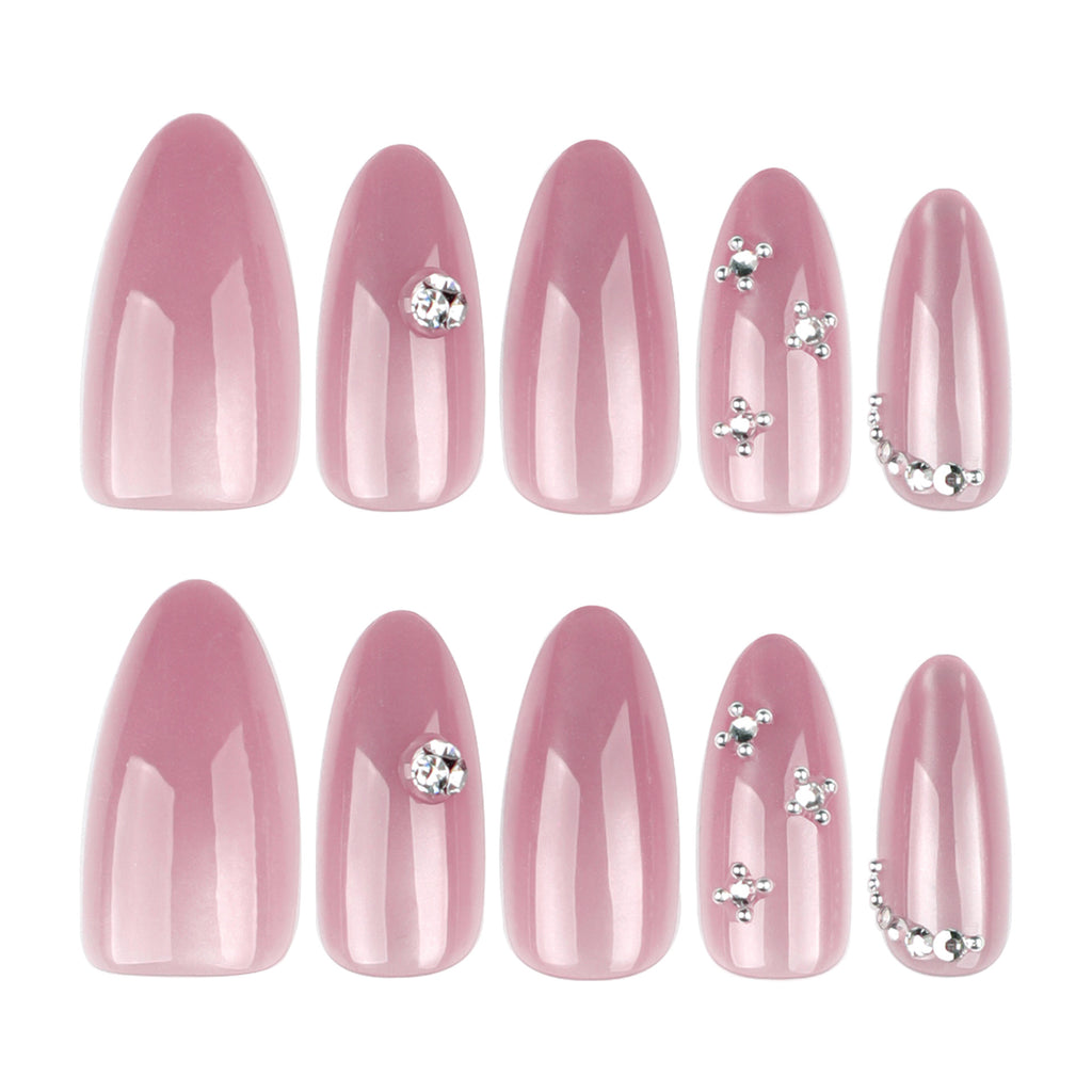 Pink Cat Eye Rhinestone Almond Press-On Nails – full set of 10 nails: mauve-pink cat eye with rhinestone accents
