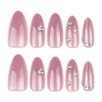 Pink Cat Eye Rhinestone Almond Press-On Nails – full set of 10 nails: mauve-pink cat eye with rhinestone accents