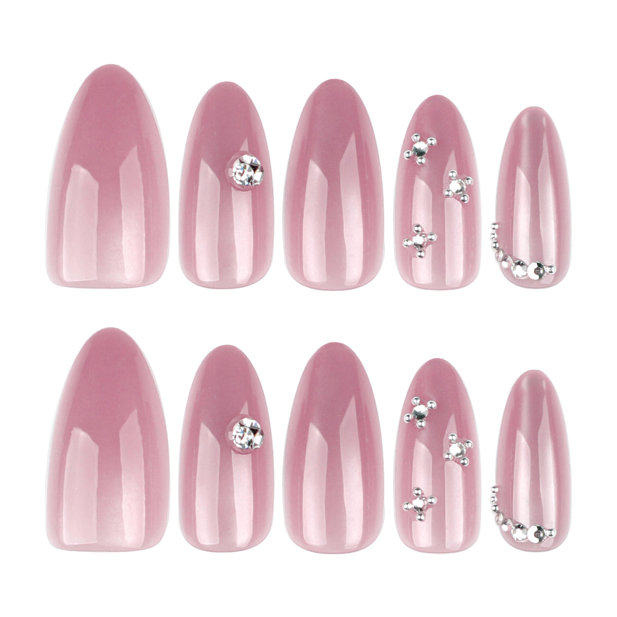 Pink Cat Eye Rhinestone Almond Press-On Nails – full set of 10 nails: mauve-pink cat eye with rhinestone accents