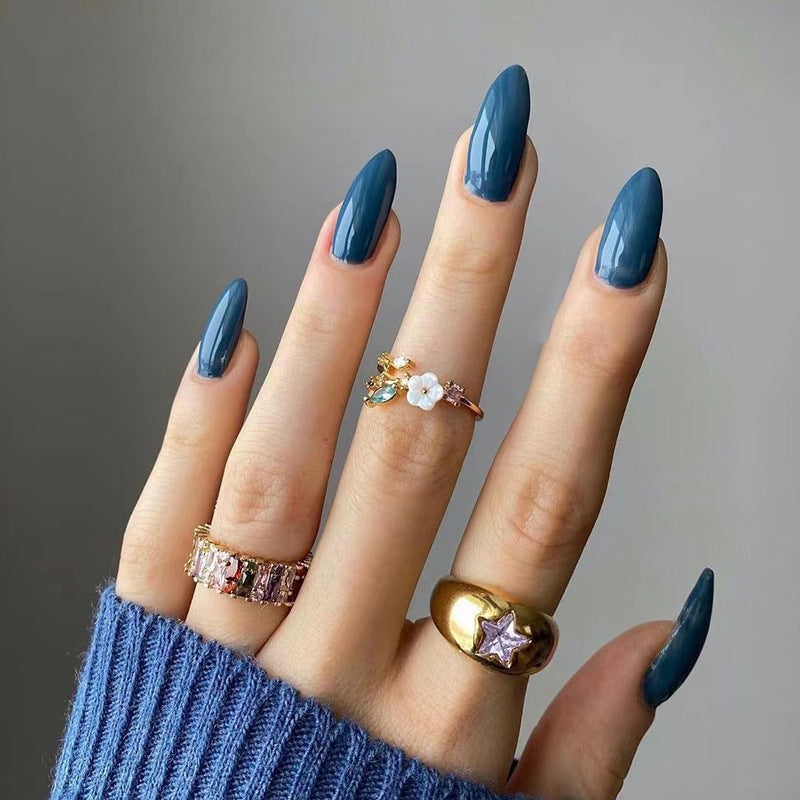 Almond Press-On Nails – Jewel Tones – Slate Blue