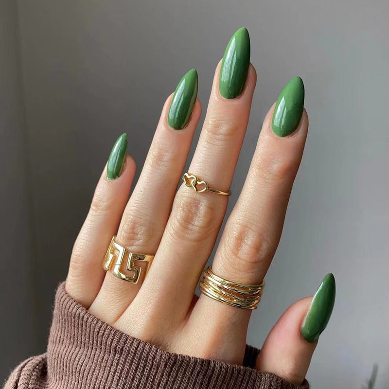 Almond Press-On Nails – Jewel Tones – Forest Green