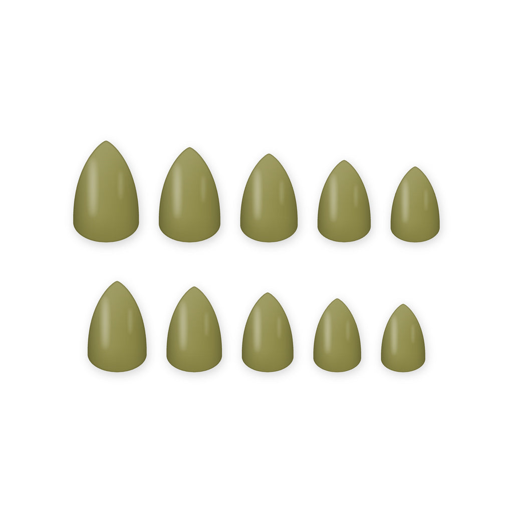Olive Green Almond press-on nails on white