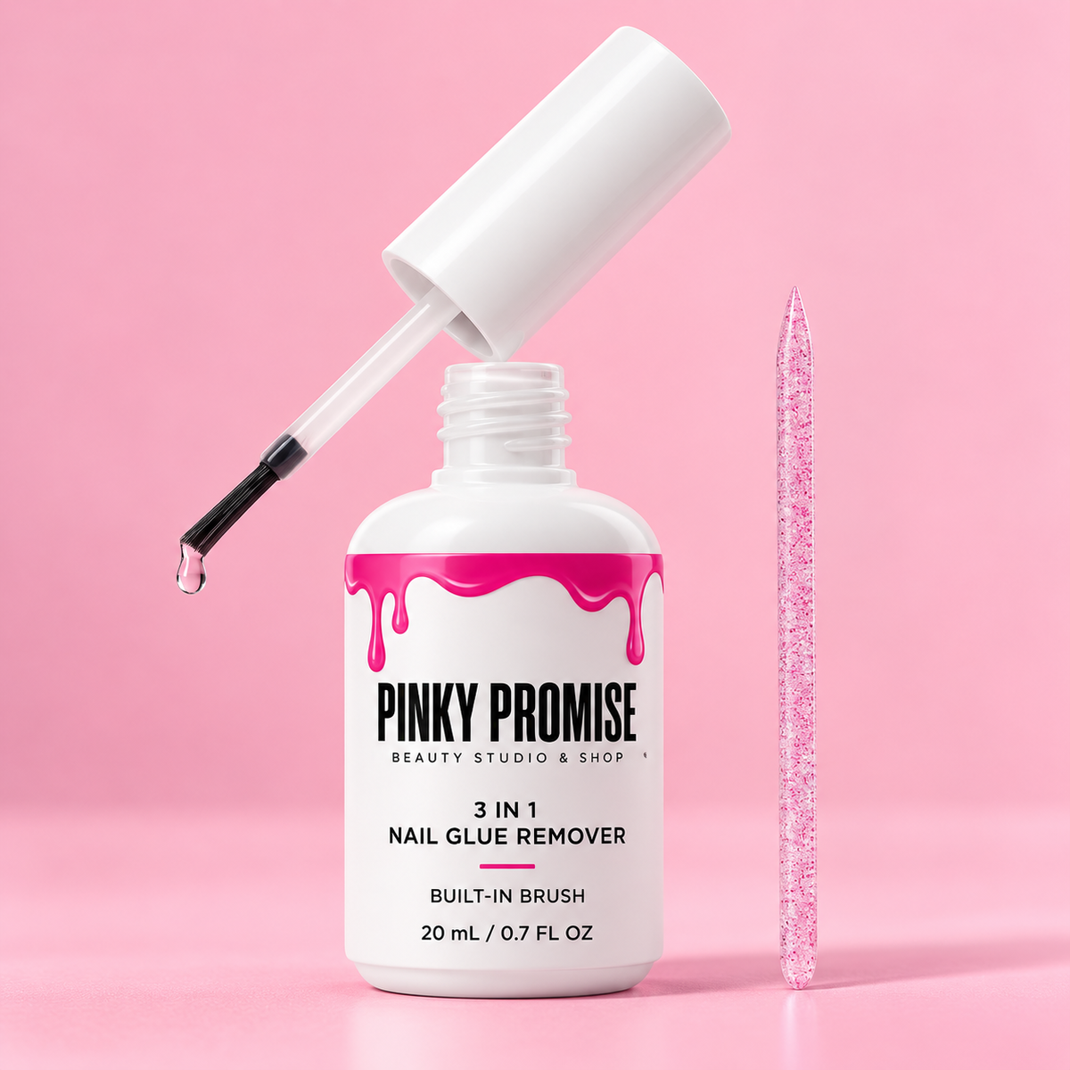 Pinky Promise 3-in-1 nail glue remover, 20 mL bottle with built-in brush and nail stick