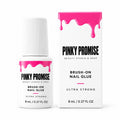 Pinky Promise brush-on nail glue bottle and box on white