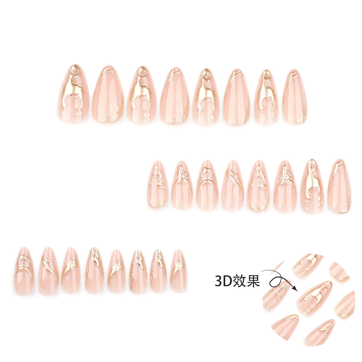 Gold Swirl Chrome Stiletto Press-On Nails – raised gold chrome swirls on sheer peachy nude, photo 5