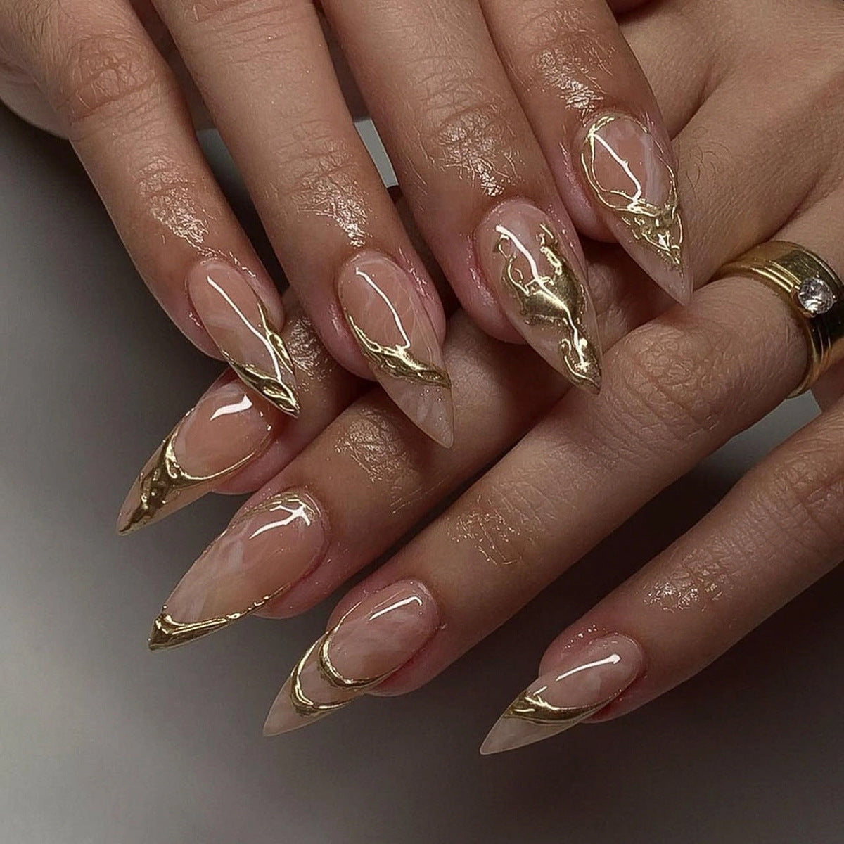 Gold Swirl Chrome Stiletto Press-On Nails – raised gold chrome swirls on sheer peachy nude, photo 4