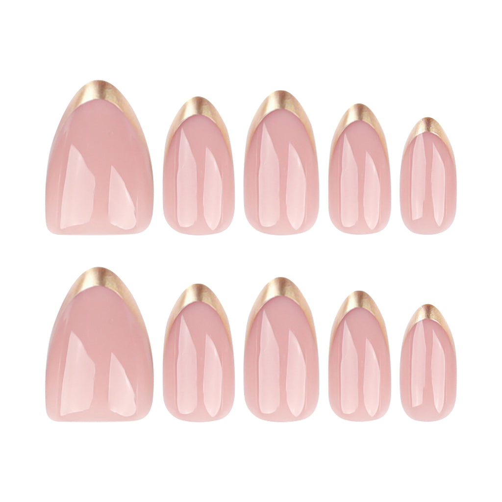 Gold-Tip French Almond Press-On Nails – full set of 10 nails: blush pink with metallic gold french tips