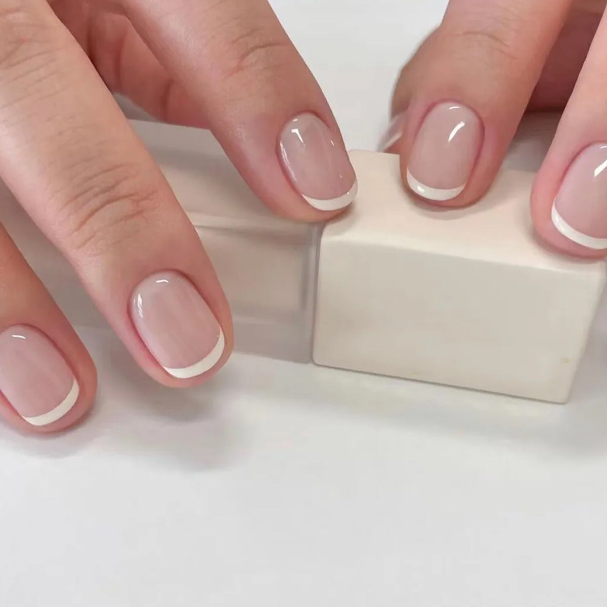 Nude Micro French Short Press-On Nails – sheer pink nude with a thin white micro french tip, photo 4