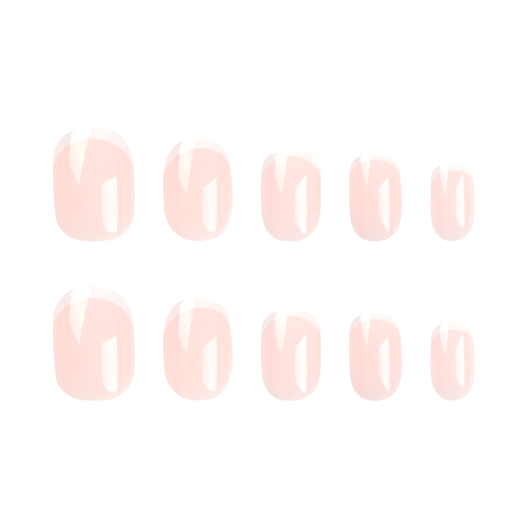 Nude Micro French Short Press-On Nails – full set of 10 nails: sheer pink nude with a thin white micro french tip