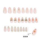 Polka Dot Blossom Almond Press-On Nails – polka dots, lace-look pink, gold bands, 3d blossom, photo 4