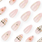 Polka Dot Blossom Almond Press-On Nails – polka dots, lace-look pink, gold bands, 3d blossom, photo 5