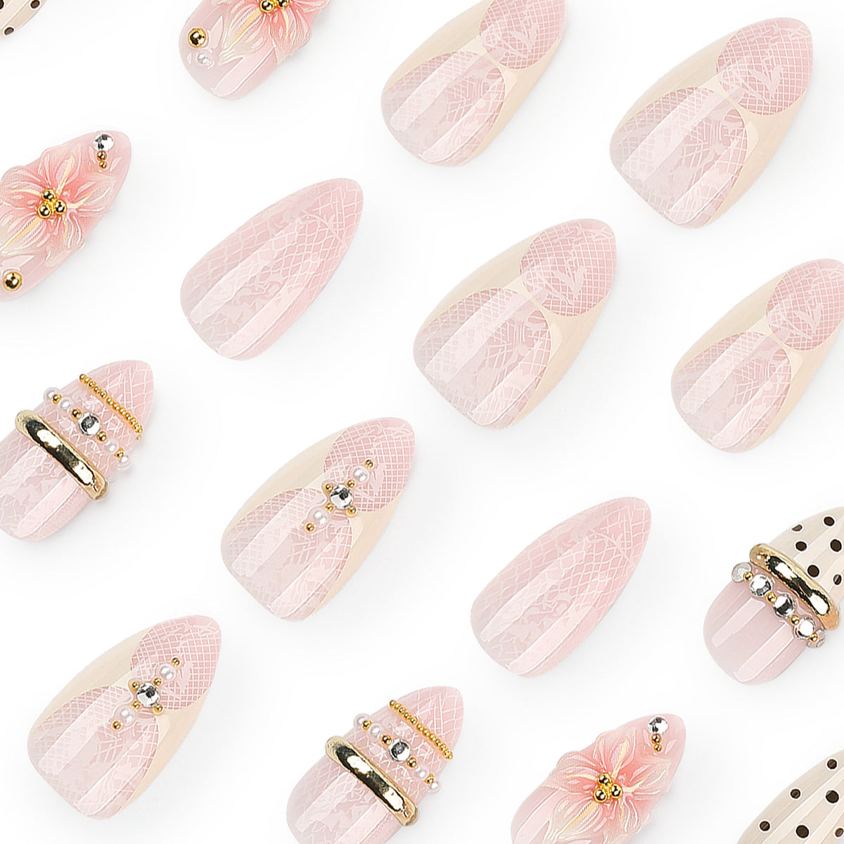 Polka Dot Blossom Almond Press-On Nails – polka dots, lace-look pink, gold bands, 3d blossom, photo 5